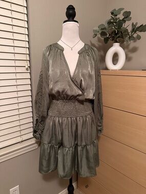 Sage Green Long-Sleeve Smocked-Waist Satin Dress